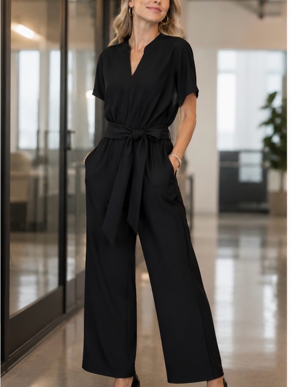 Chico's Black V-Neck Tie-Waist Wide-Leg Jumpsuit
